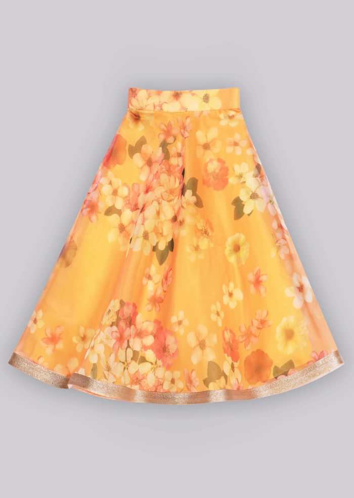 Kalki Girls Ruffle Green Top With Floral Printed Orange Organza Lehenga Online - Free Sparrow