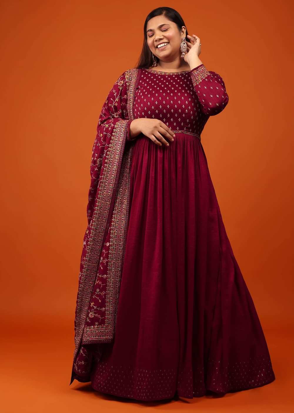 Cherry Red Anarkali Suit With Multi-Coloured Thread And Zari Embroidered Dupatta