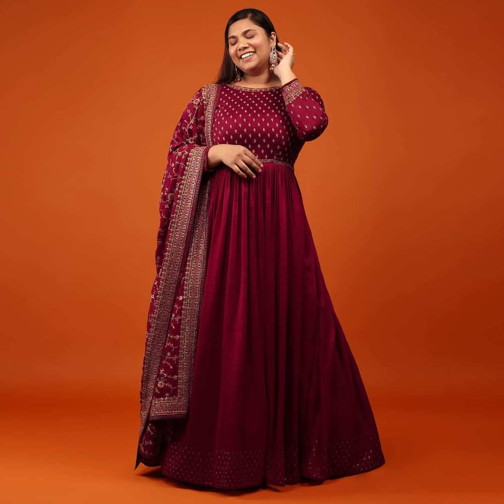 Cherry Red Anarkali Suit With Multi-Coloured Thread And Zari Embroidered Dupatta