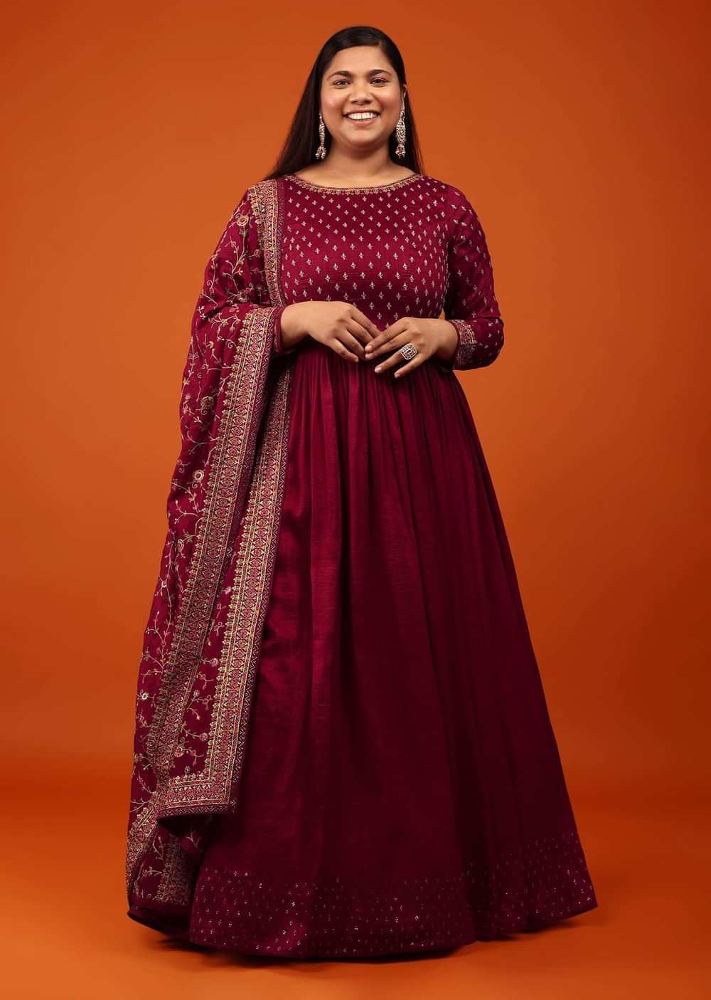 Cherry Red Anarkali Suit With Multi-Coloured Thread And Zari Embroidered Dupatta