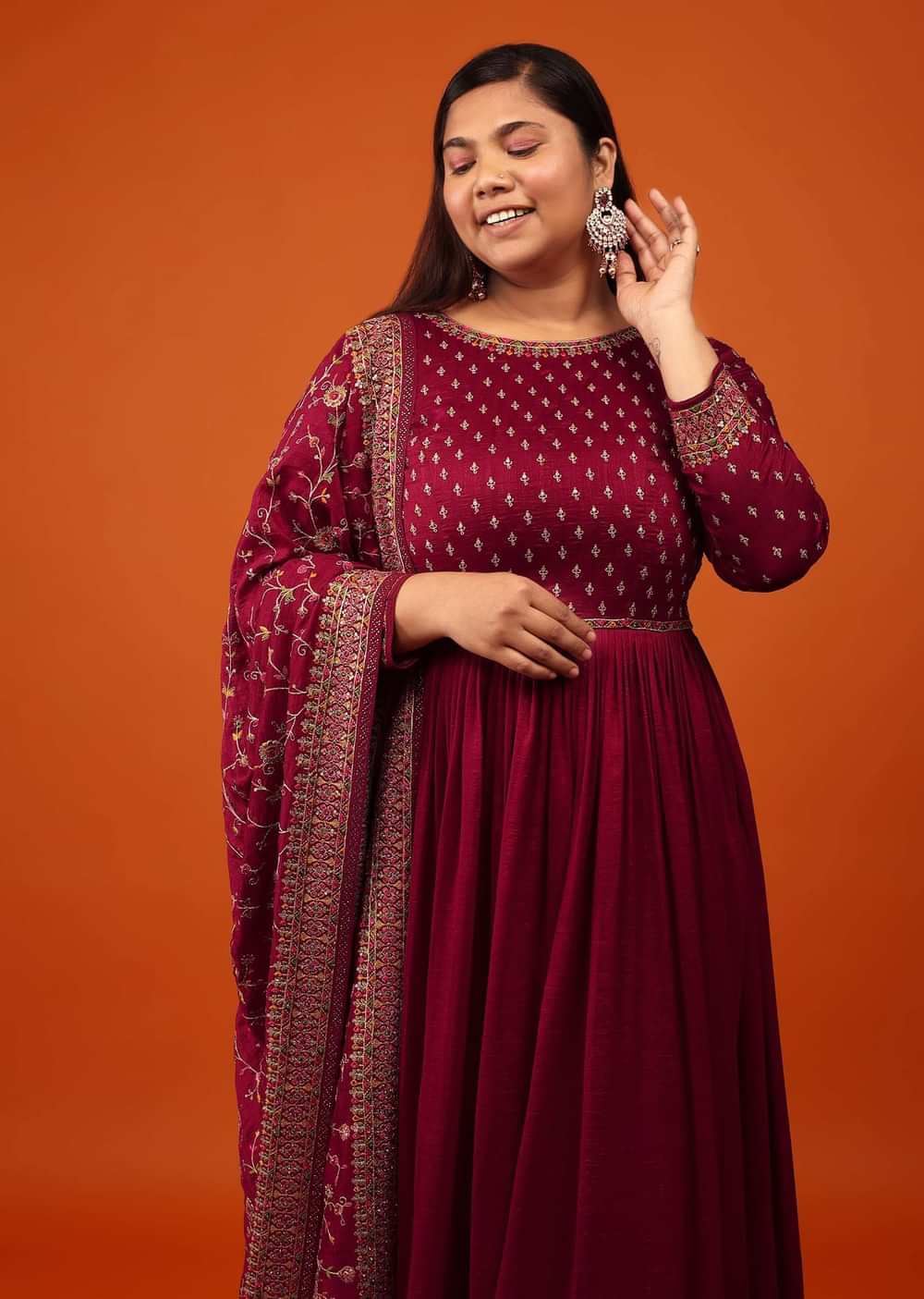 Cherry Red Anarkali Suit With Multi-Coloured Thread And Zari Embroidered Dupatta