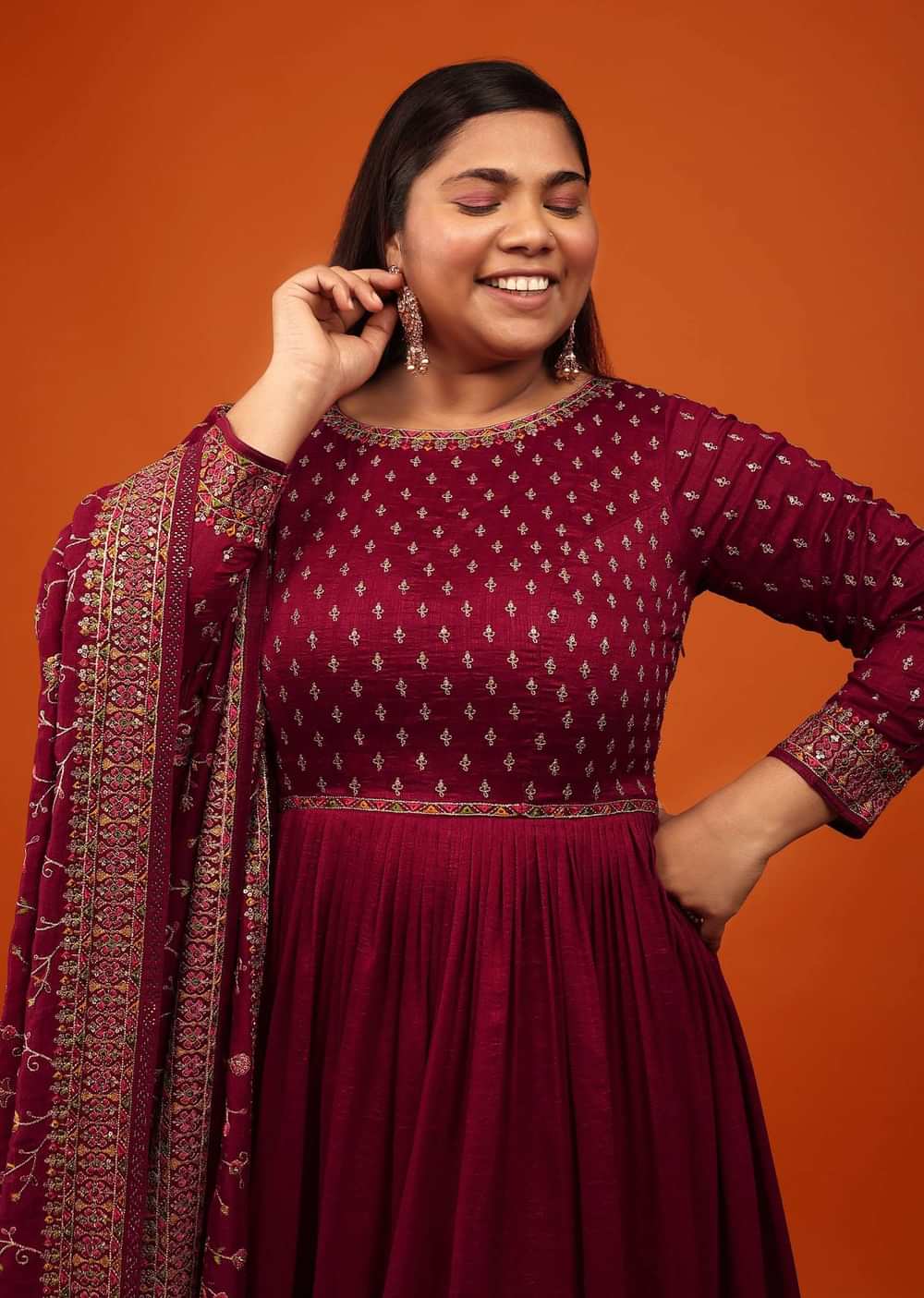 Cherry Red Anarkali Suit With Multi-Coloured Thread And Zari Embroidered Dupatta