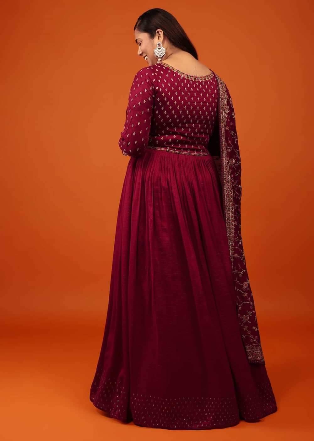 Cherry Red Anarkali Suit With Multi-Coloured Thread And Zari Embroidered Dupatta