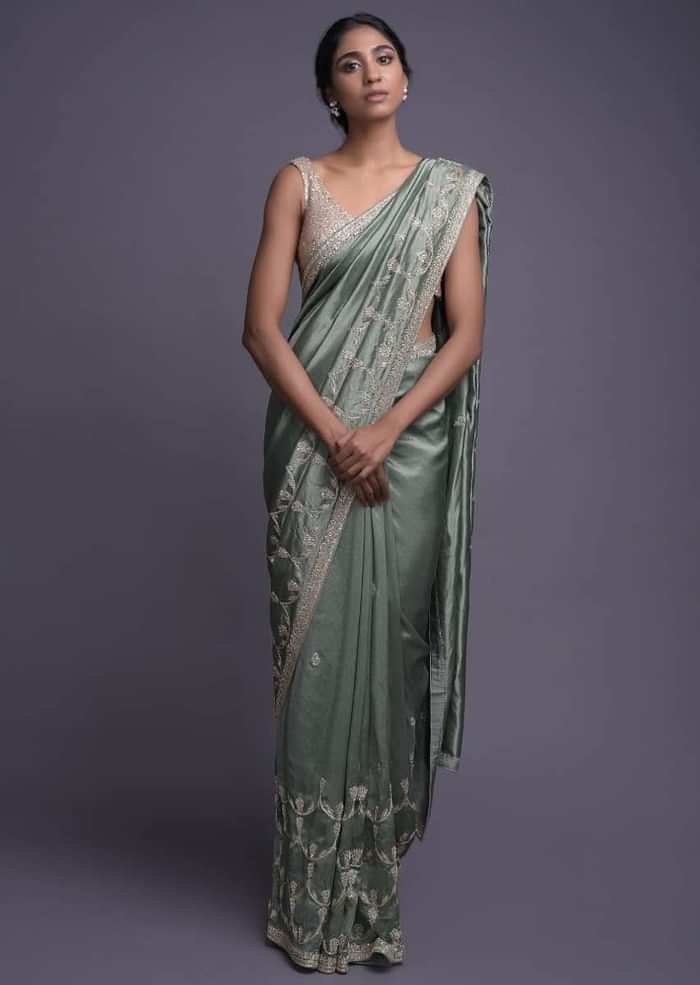 Russian Green Saree In Dupion With Embellished Buttis And Scalloped Border Online - Kalki Fashion