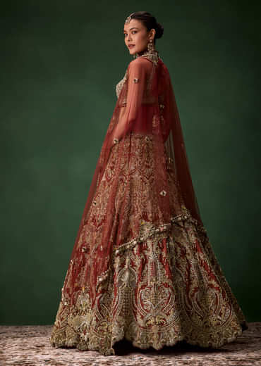 Rust Bridal Silk Embellished Lehenga Set with  Two Dupattas