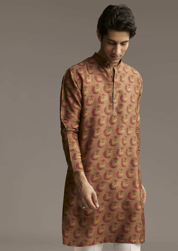 Rust Brown Designer Kurta For Men With Traditional Crescent Motif Print