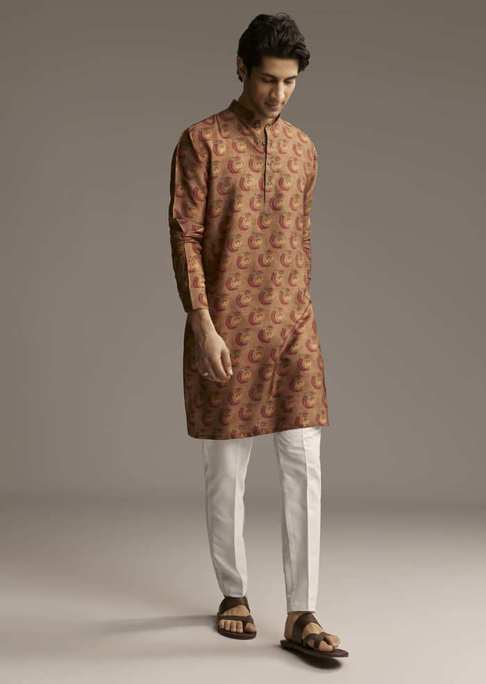 Rust Brown Designer Kurta For Men With Traditional Crescent Motif Print