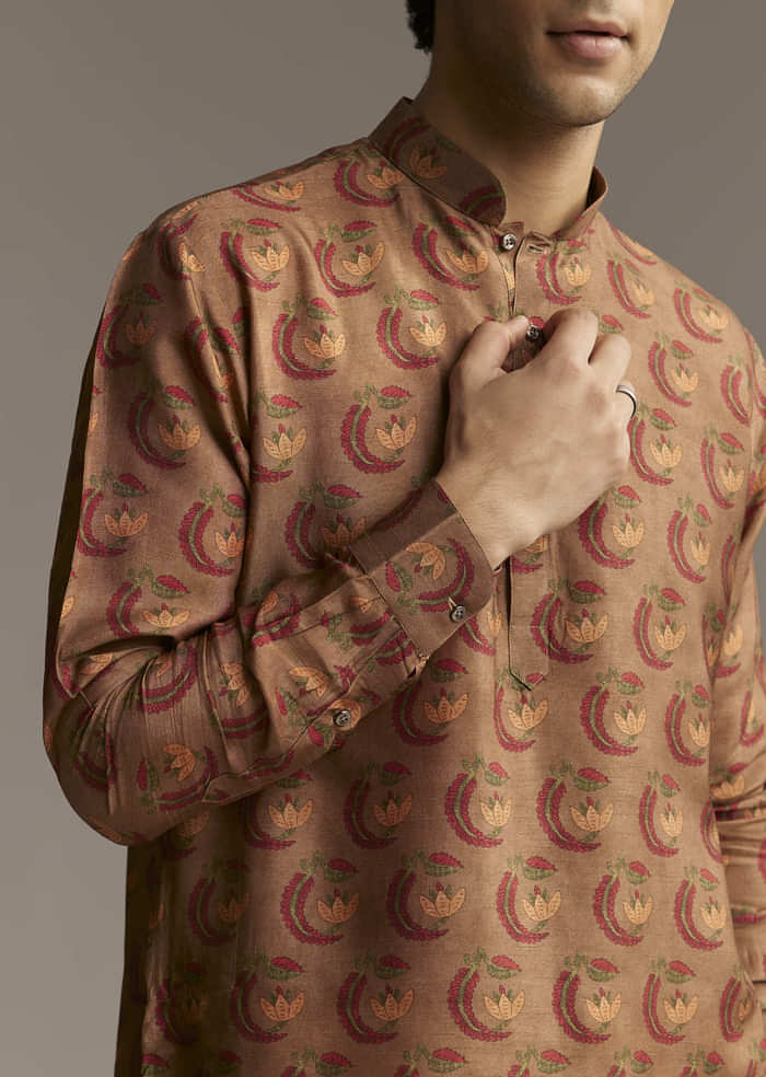 Rust Brown Designer Kurta For Men With Traditional Crescent Motif Print