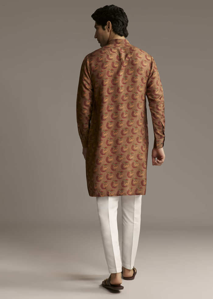 Rust Brown Designer Kurta For Men With Traditional Crescent Motif Print