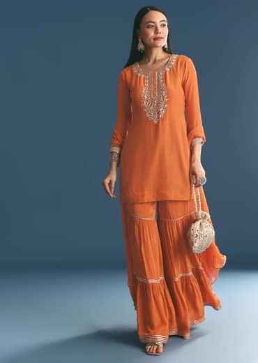 Rust Crepe Kurta Sharara Suit With Zardosi And Sequins Dupatta