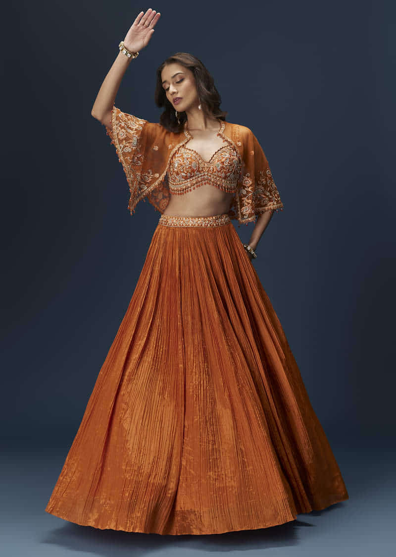 Buy Rust Orange Embroidered Lehenga With Dramatic Cape And Blouse
