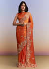 Rust Orange Satin Saree With Heavy Hand Embroidery