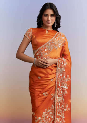 Rust Orange Satin Saree With Heavy Hand Embroidery