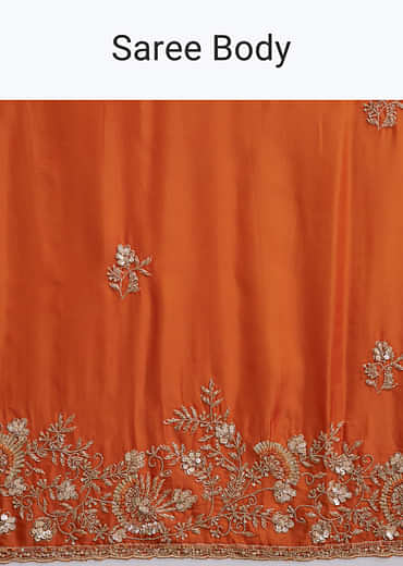 Rust Orange Satin Saree With Heavy Hand Embroidery