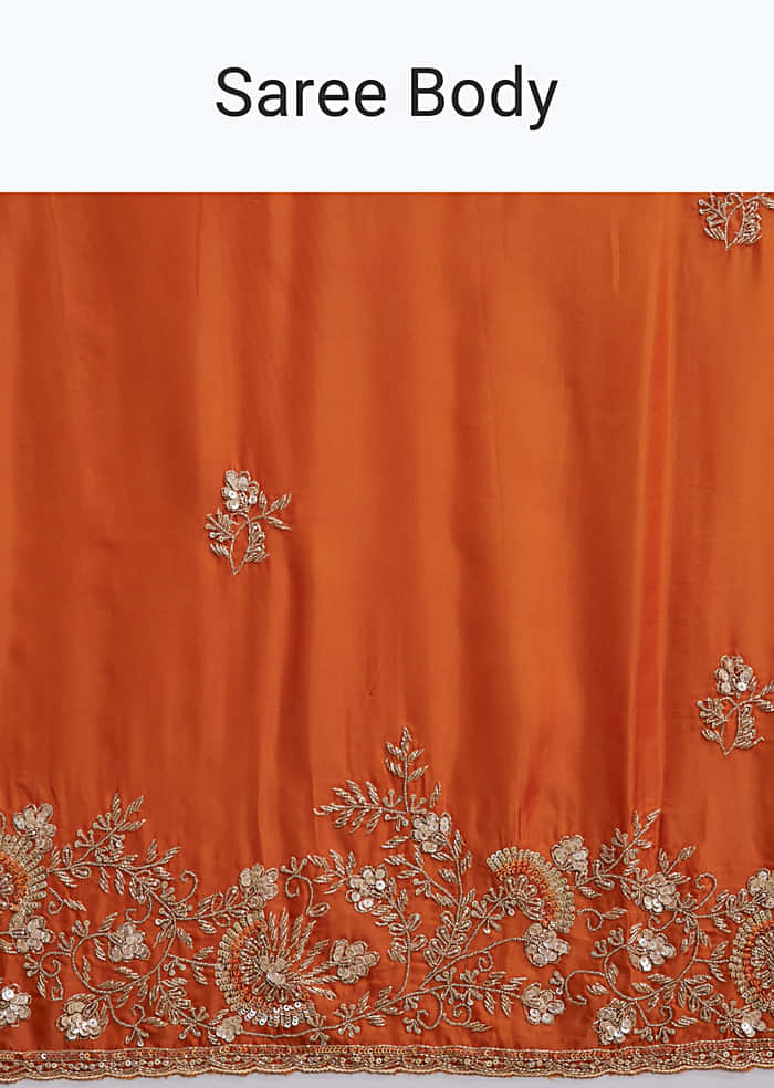 Rust Orange Satin Saree With Heavy Hand Embroidery