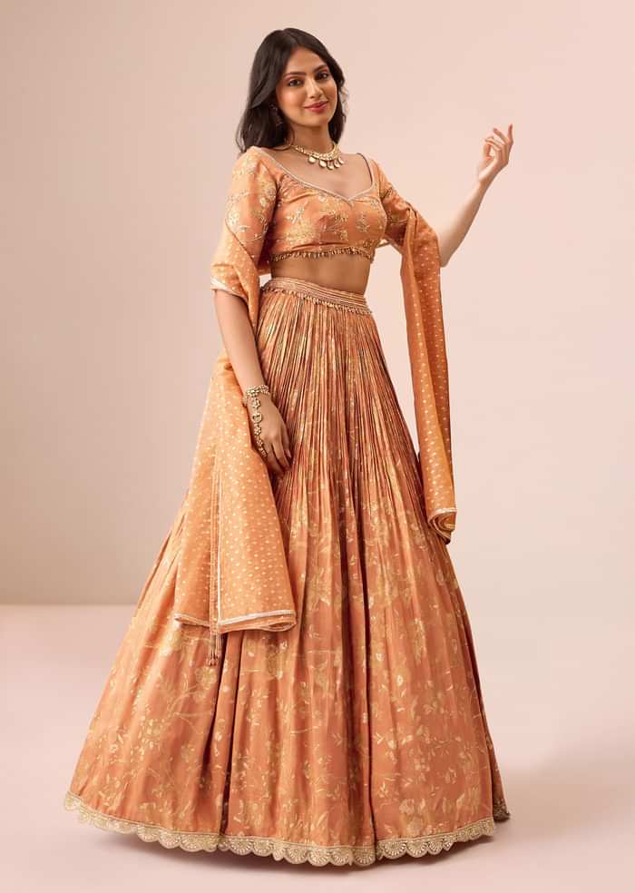 Rust Orange Tassel Embroidered Blouse With Lehenga And Dupatta