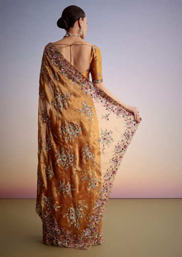 Rust Orange Tissue Cutdana Embroidered Saree