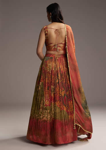 Rust Orange Tissue Lehenga Choli With Floral Print