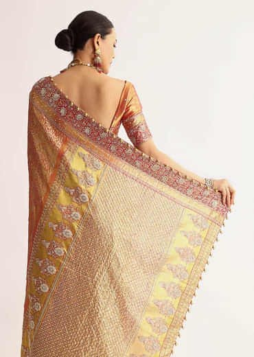 Rust Orange Tissue Saree With Heavily Embroidered Border And Pallu