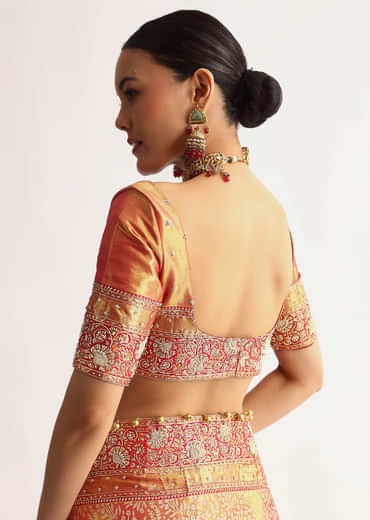 Rust Orange Tissue Saree With Heavily Embroidered Border And Pallu