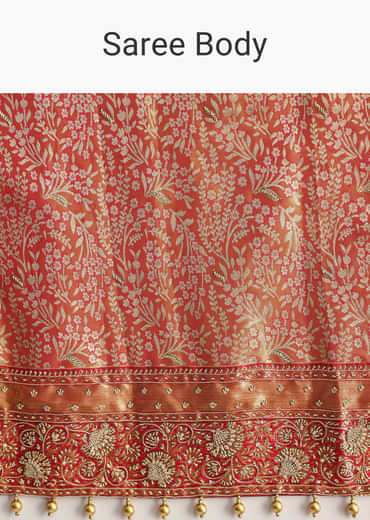 Rust Orange Tissue Saree With Heavily Embroidered Border And Pallu