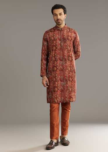 Rust Pashmina Silk Kurta Set With Stone Embellishment
