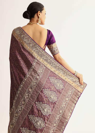 Rust Pink Tissue Saree With Zardosi Sequin Embroidery
