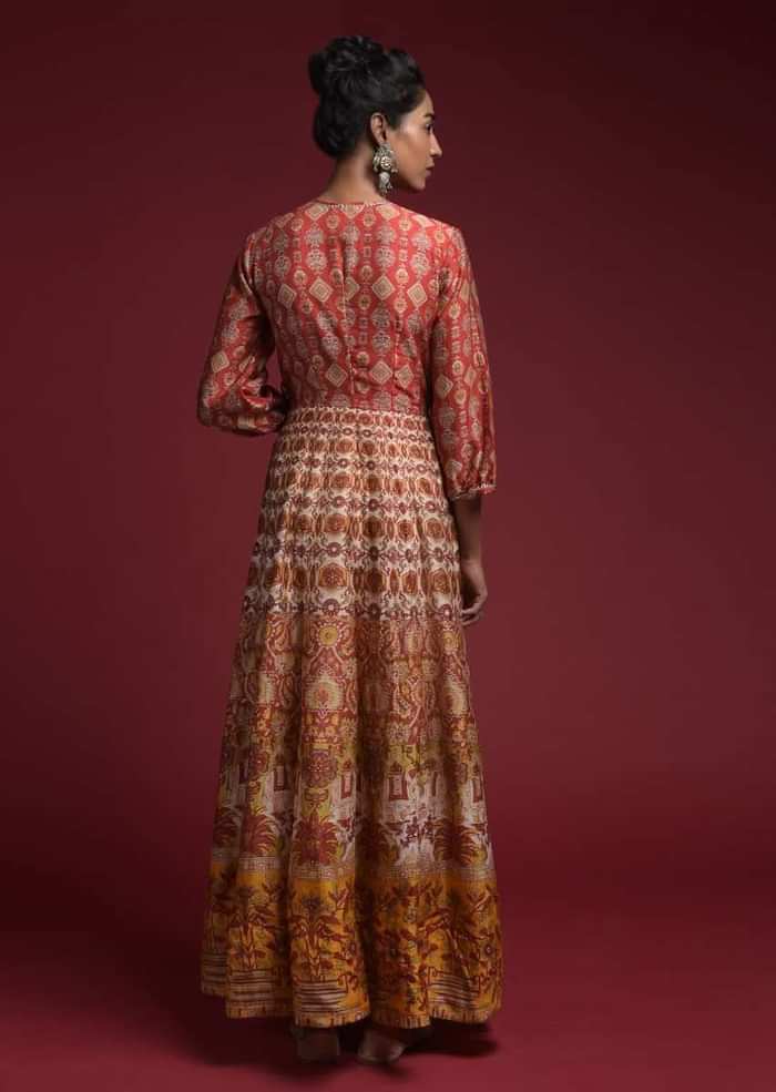 Rust Red Anarkali Dress In Silk With Multi Color Floral And Ethnic Print And Balloon Sleeves Online - Kalki Fashion