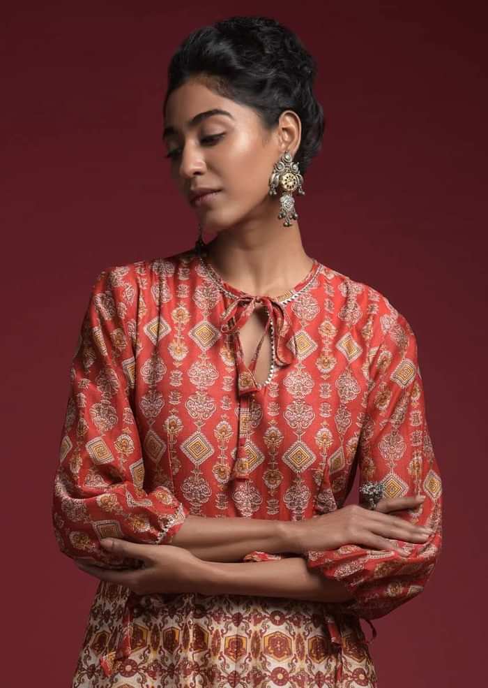 Rust Red Anarkali Dress In Silk With Multi Color Floral And Ethnic Print And Balloon Sleeves Online - Kalki Fashion