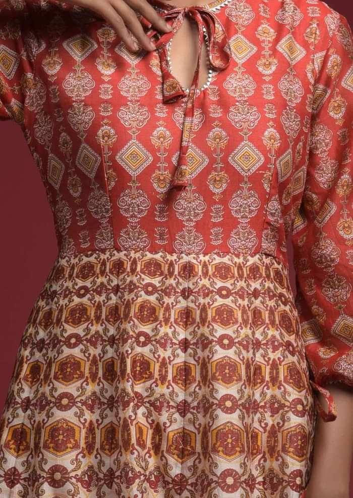 Rust Red Anarkali Dress In Silk With Multi Color Floral And Ethnic Print And Balloon Sleeves Online - Kalki Fashion