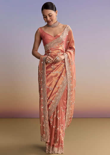 Rust Tissue Embroidered Saree With Cutdana And Stone Work