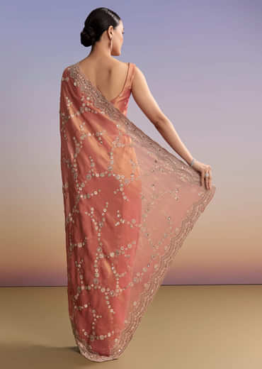 Rust Tissue Embroidered Saree With Cutdana And Stone Work