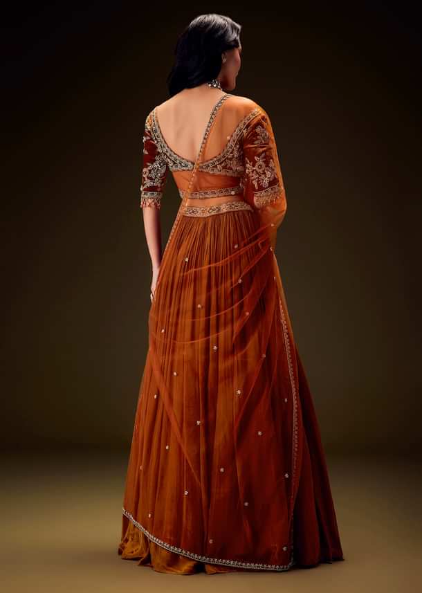 Rust Orange Velvet Lehenga With Embellished Cross Body Blouse and Dupatta