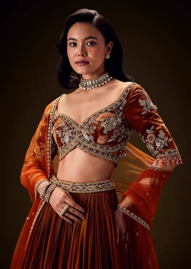 Rust Orange Velvet Lehenga With Embellished Cross Body Blouse and Dupatta