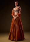 Rust Orange Velvet Lehenga With Embellished Cross Body Blouse and Dupatta