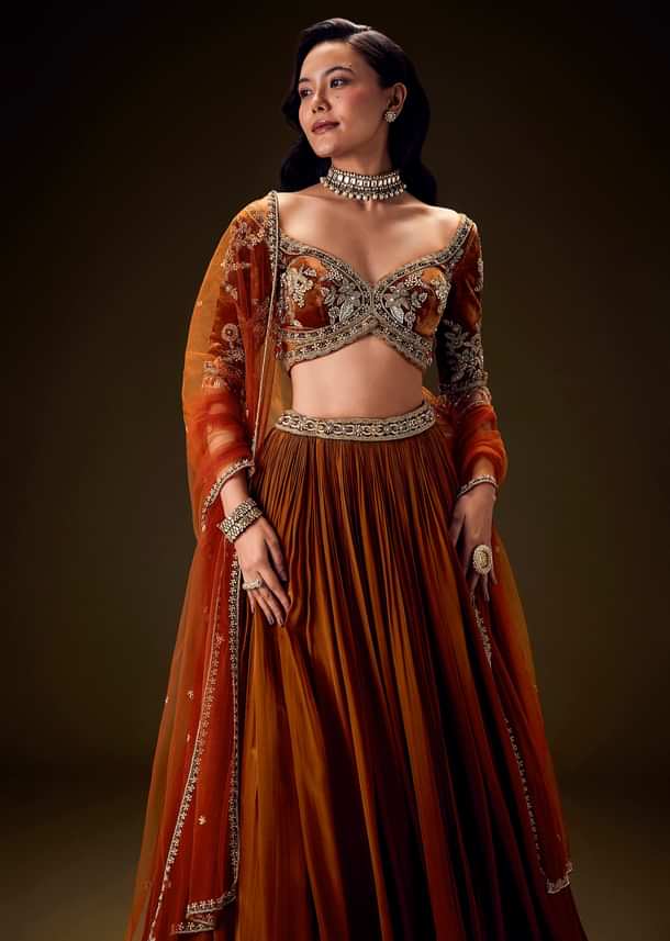Rust Orange Velvet Lehenga With Embellished Cross Body Blouse and Dupatta