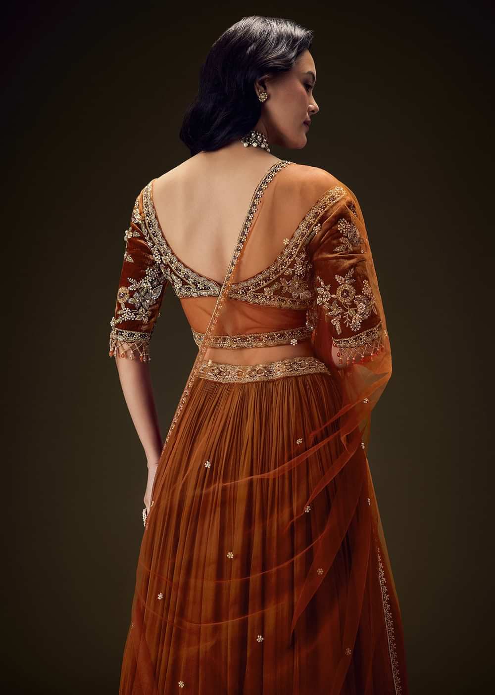 Rust Orange Velvet Lehenga With Embellished Cross Body Blouse and Dupatta