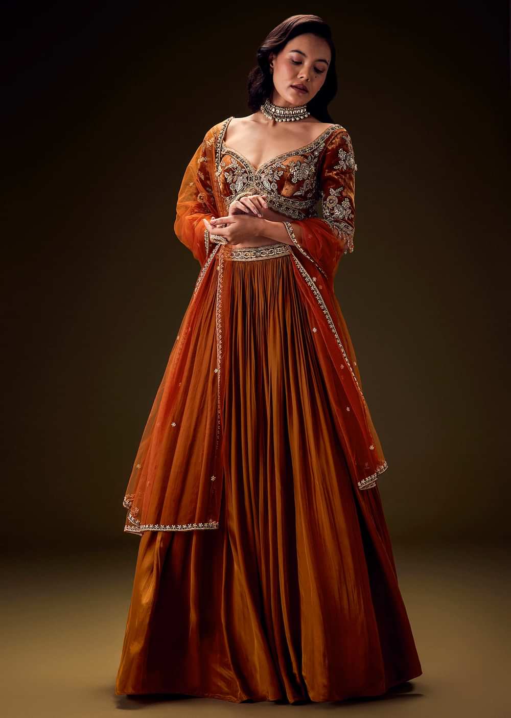 Rust Orange Velvet Lehenga With Embellished Cross Body Blouse and Dupatta