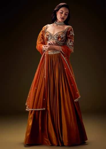 Rust Orange Velvet Lehenga With Embellished Cross Body Blouse and Dupatta