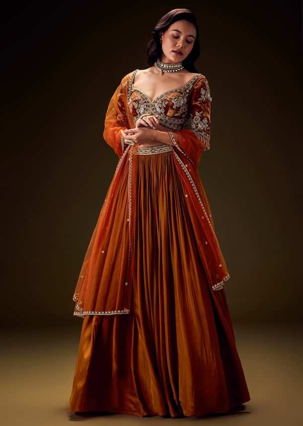 Rust Orange Velvet Lehenga With Embellished Cross Body Blouse and Dupatta