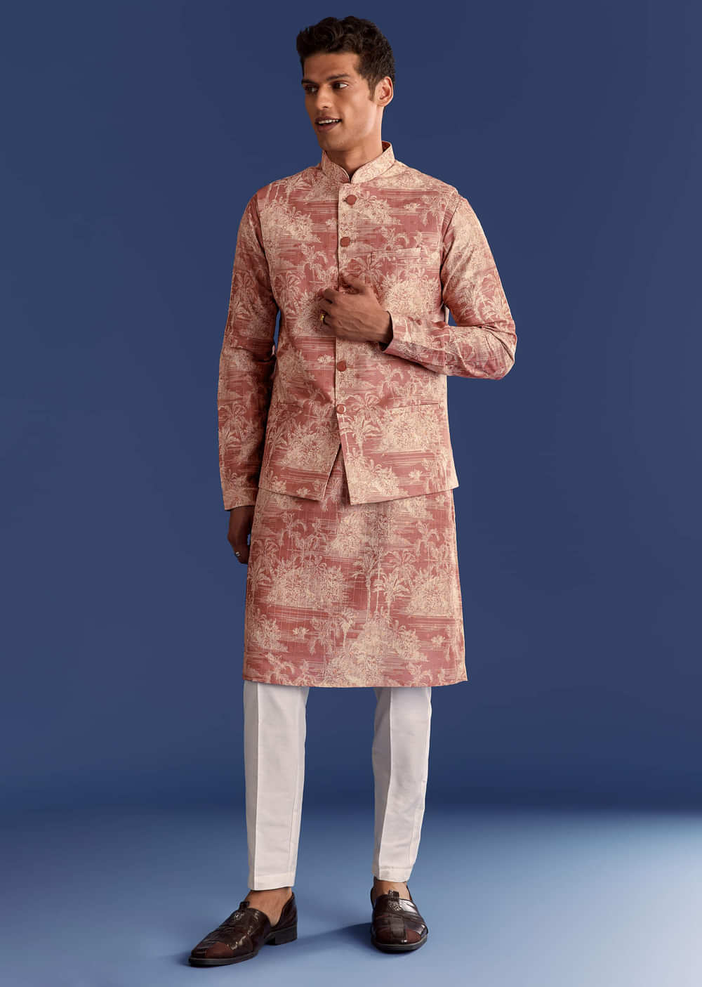 Rust Cotton Silk Kurta Jacket Set With Coastal Print