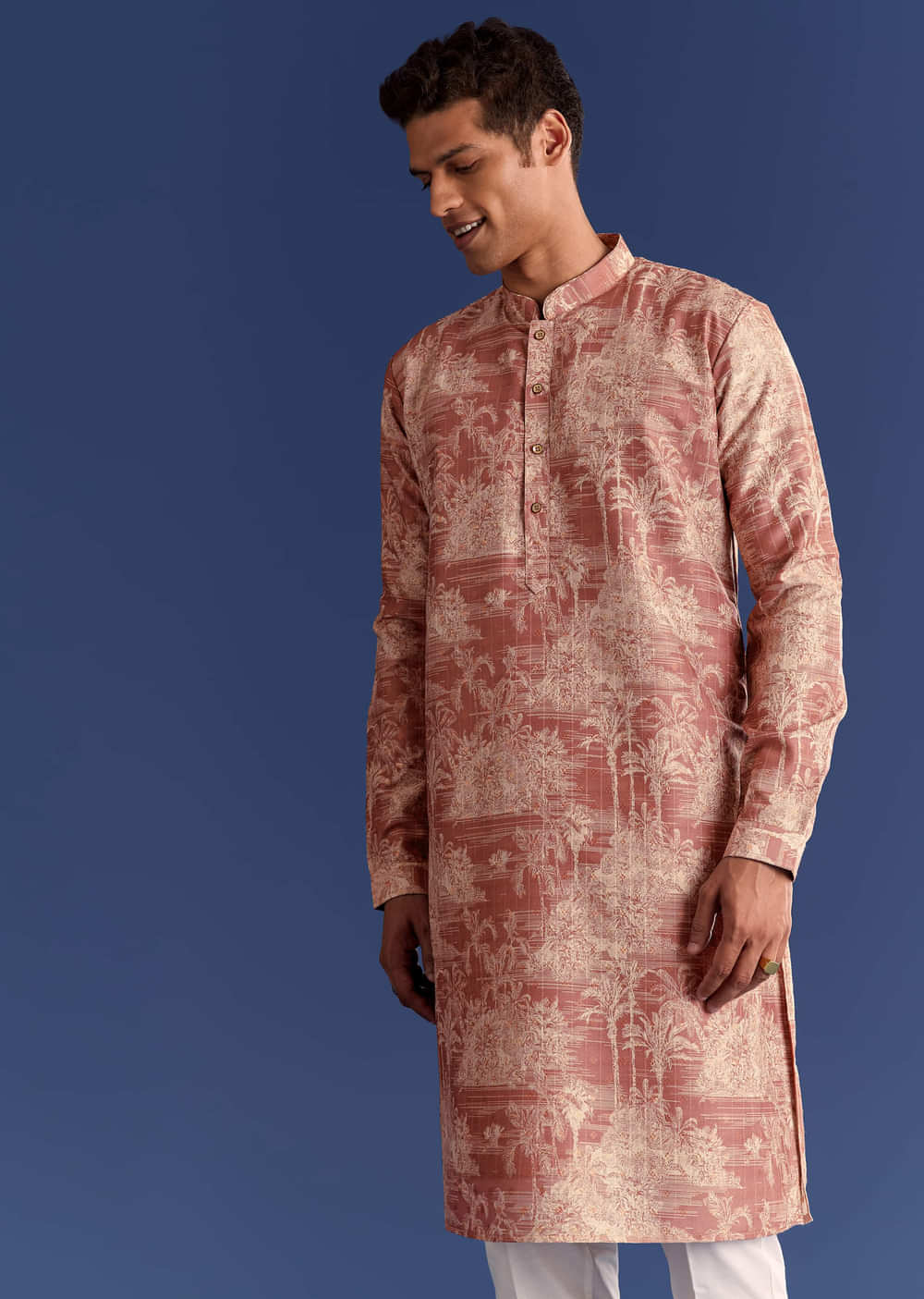 Rust Cotton Silk Kurta Jacket Set With Coastal Print