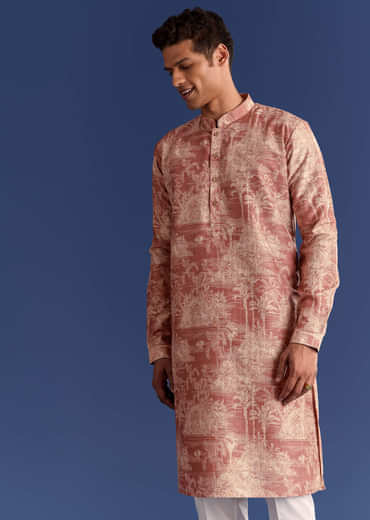 Rust Cotton Silk Kurta Jacket Set With Coastal Print