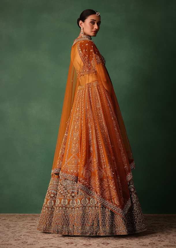 Rust Embroidered Bridal Lehenga With Deep Neckline Blouse And Dupatta