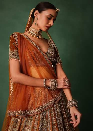 Rust Embroidered Bridal Lehenga With Deep Neckline Blouse And Dupatta