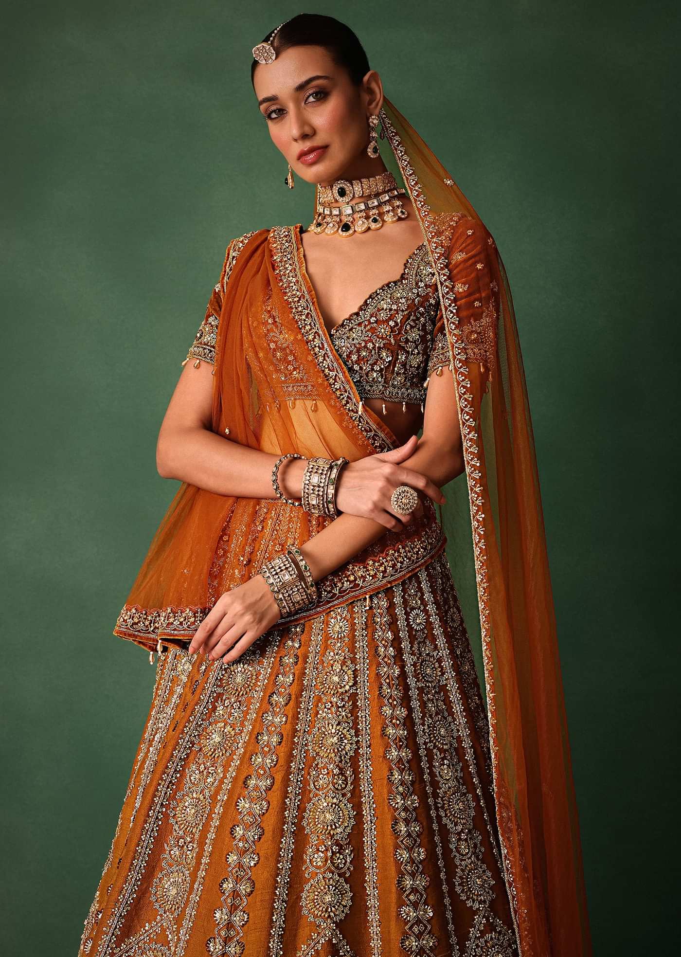 Rust Embroidered Bridal Lehenga With Deep Neckline Blouse And Dupatta
