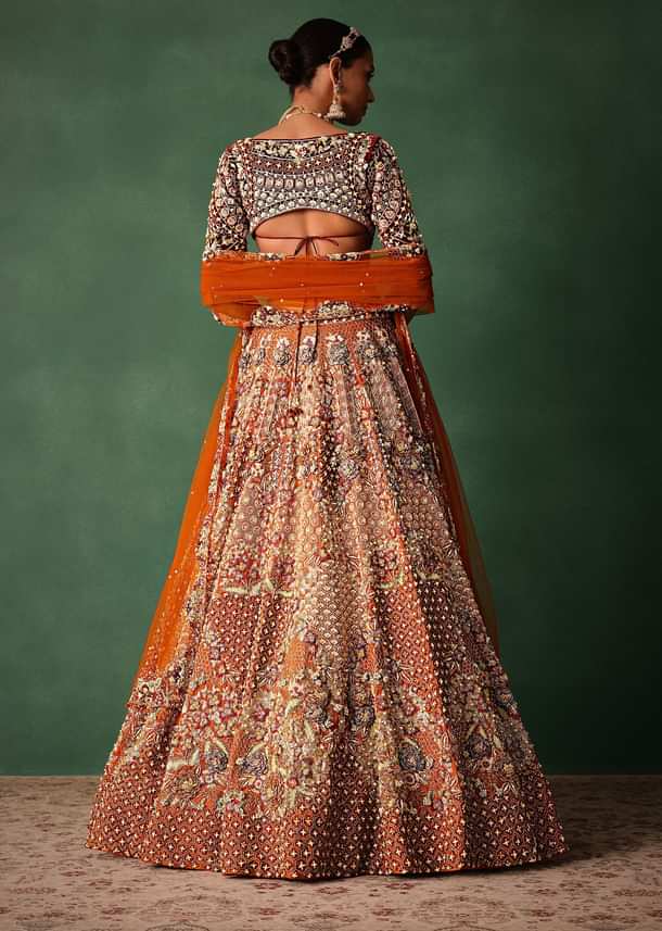 Rust Hand Work Lehenga With Velvet Blouse And Dupatta
