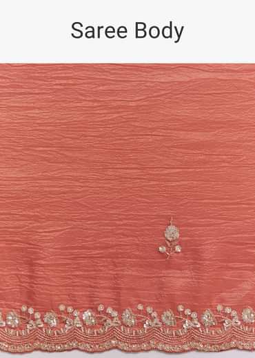 Rust Orange Crushed Tissue Saree With Cutdana Beads And Sequins Embroidery