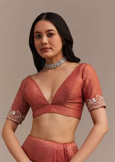 Rust Orange Crushed Tissue Saree With Cutdana Beads And Sequins Embroidery