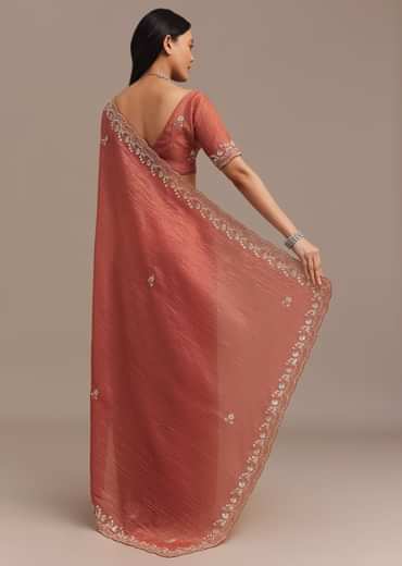 Rust Orange Crushed Tissue Saree With Cutdana Beads And Sequins Embroidery
